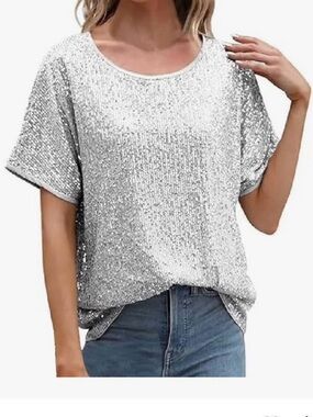 Silver Sequin Short Sleeve Tee by